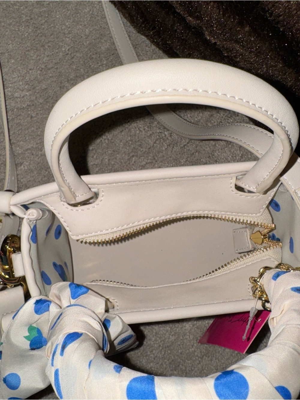 Betsey Johnson White and Red Stripe Mini Top-Handle Bag with Blue Pom Charm - Picture 8 of 11